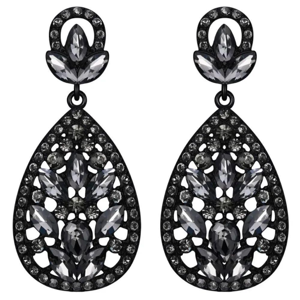 Carbon Black with Charcoal Gray Austrian Crystal Teardrop Chandelier Earrings